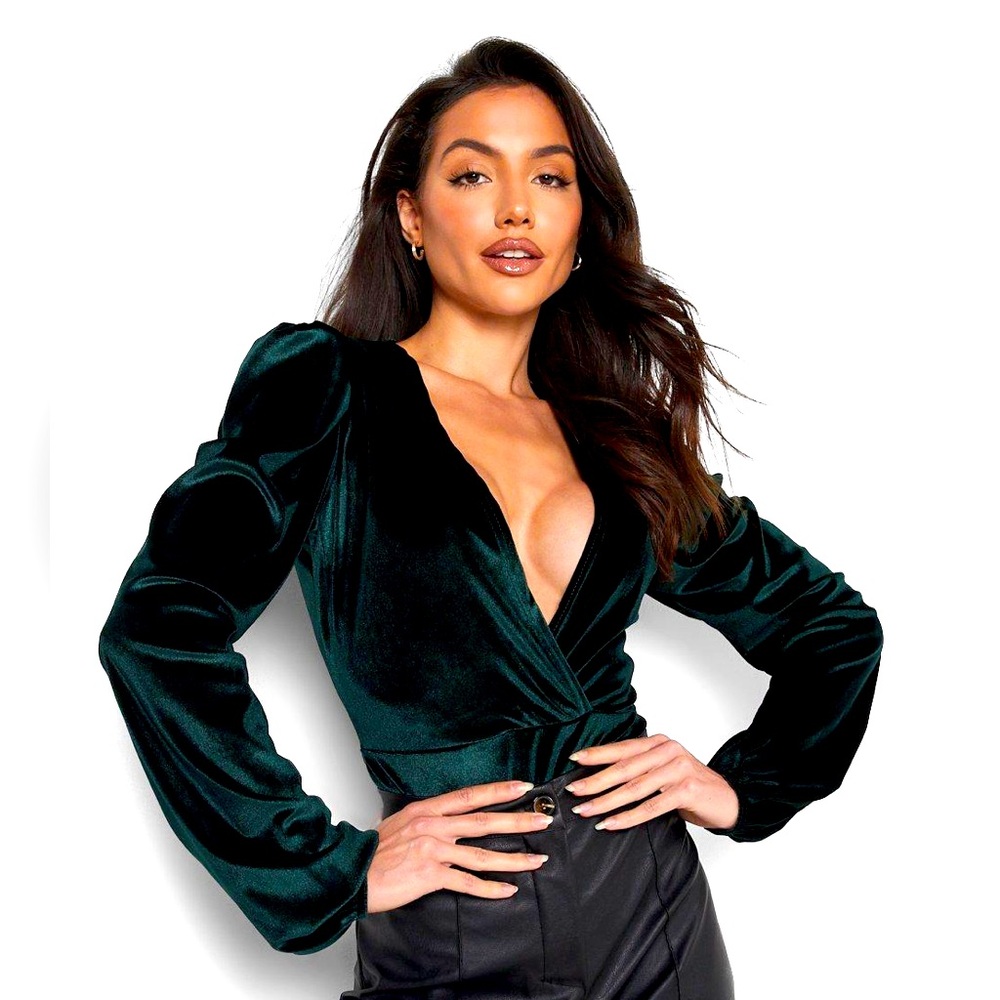 Express Green Puff Sleeve Velvet Bodysuit